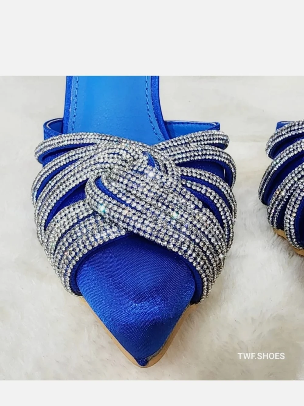 Berness Sapphire Satin Pointed Heels with‎ Crystal Knot Size 8.5